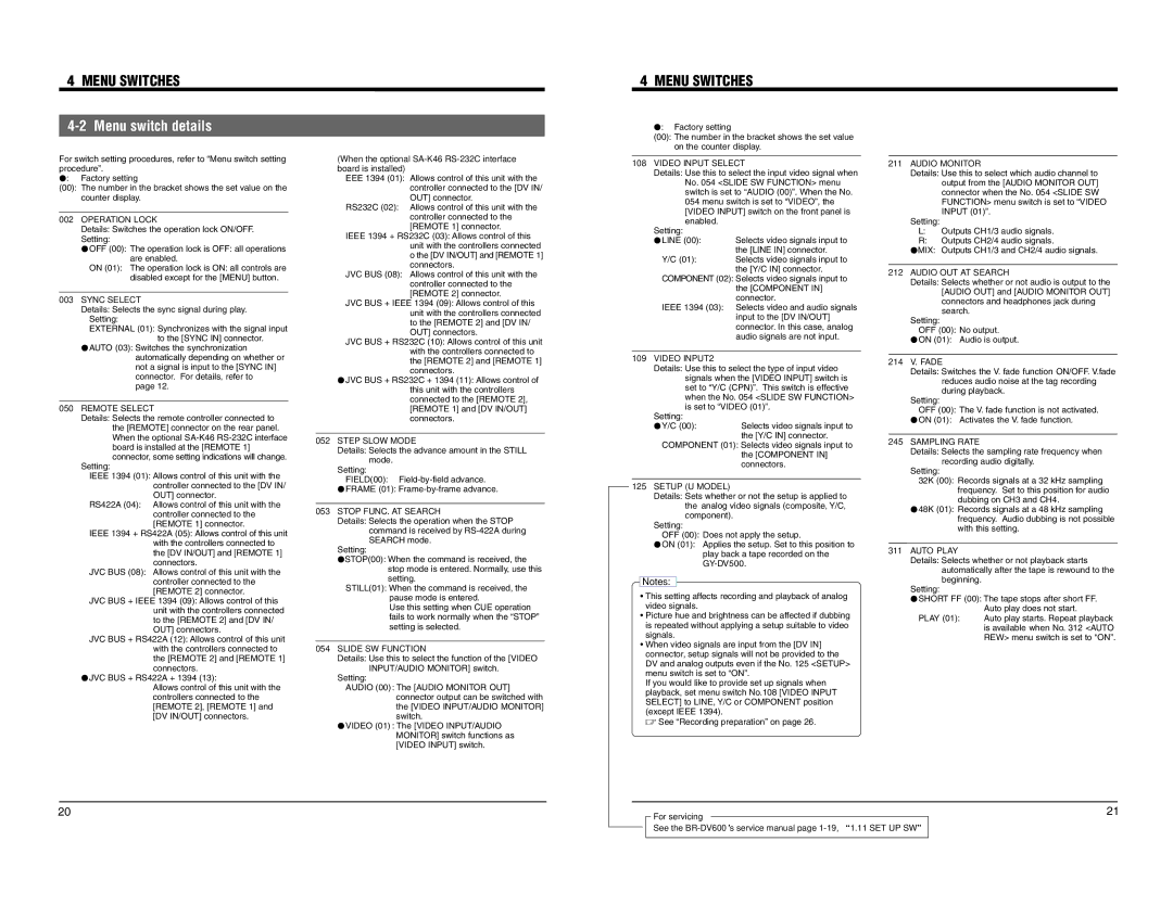 JVC BR-DV600EA, BR-DV600UA manual Menu Switches, Menu switch details 