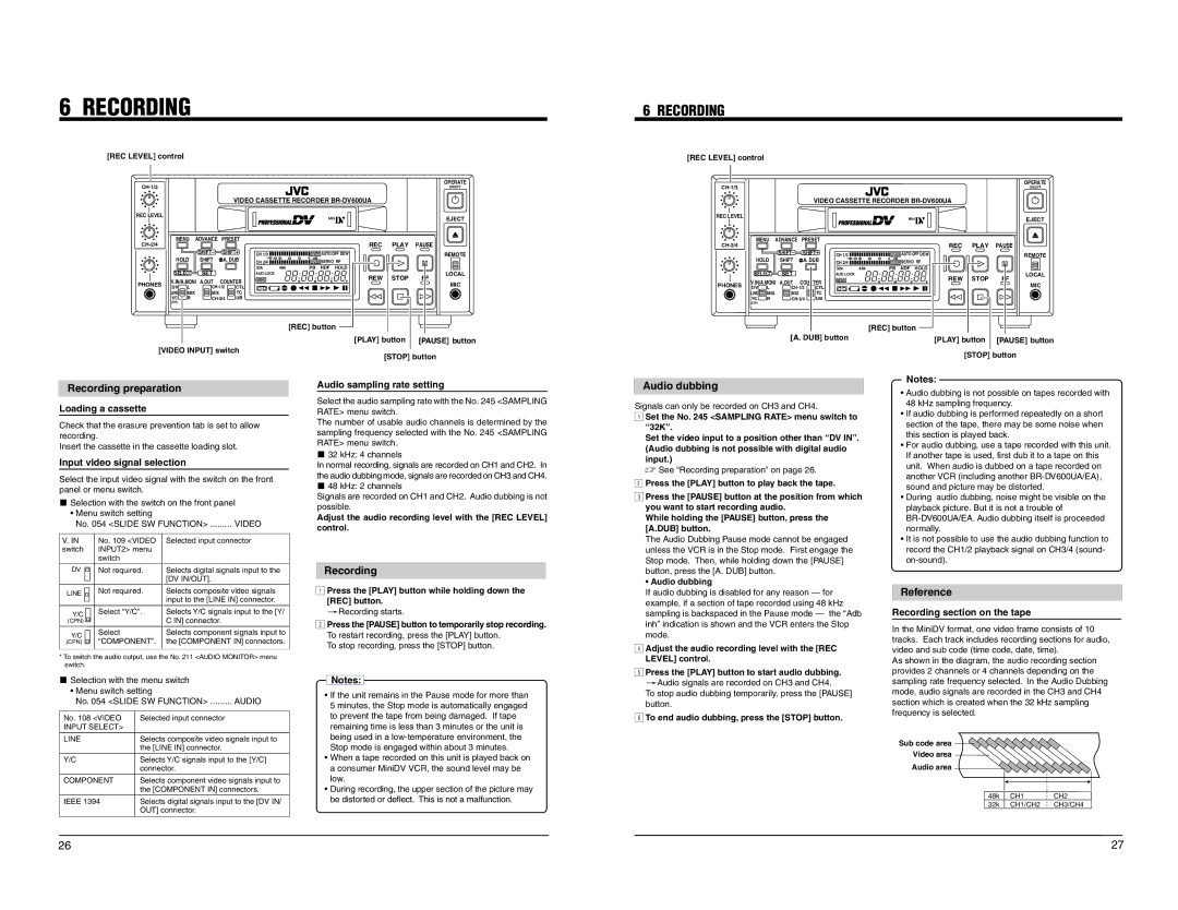 JVC BR-DV600UA, BR-DV600EA manual Recording 