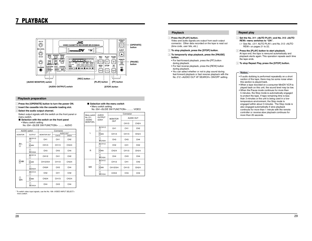 JVC BR-DV600EA, BR-DV600UA manual Playback Repeat play, Playback preparation 