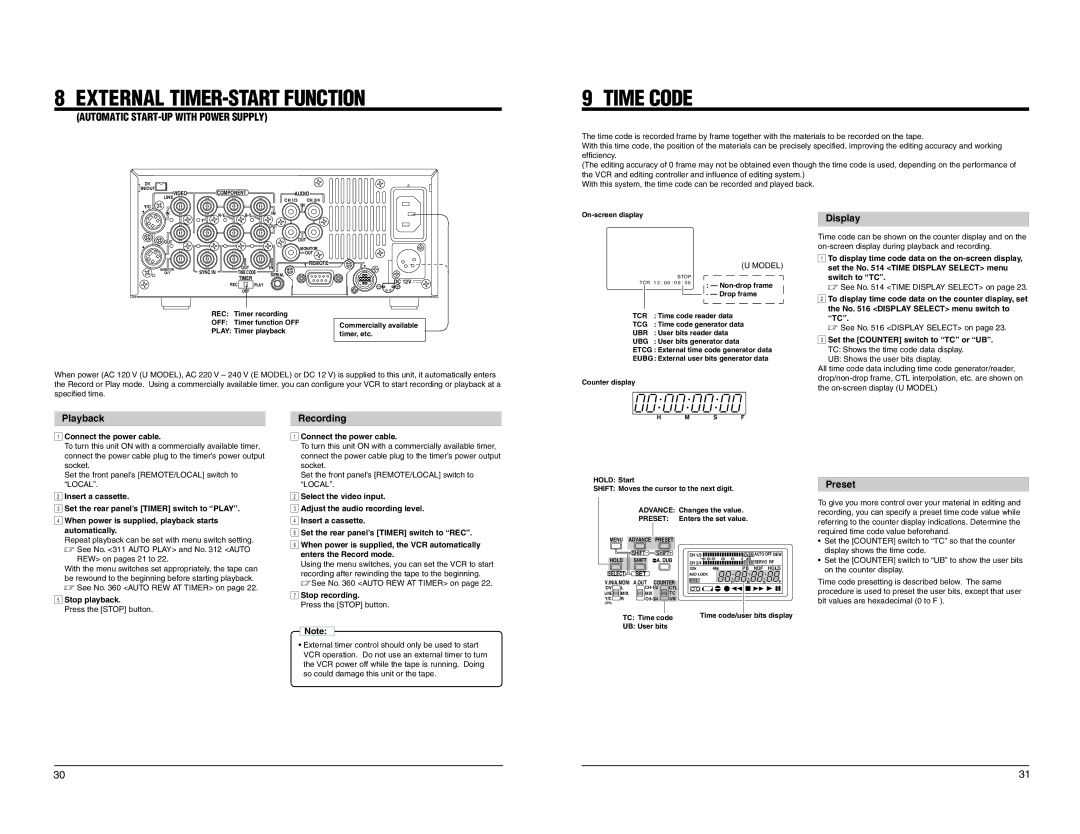 JVC BR-DV600UA, BR-DV600EA manual External TIMER-START Function, Time Code, Display, Playback Recording, Preset 
