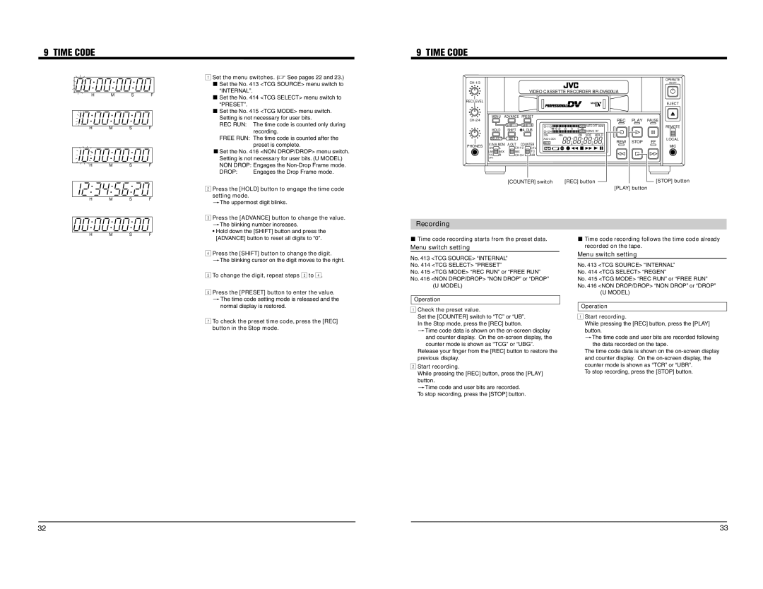 JVC BR-DV600EA, BR-DV600UA manual Time Code 