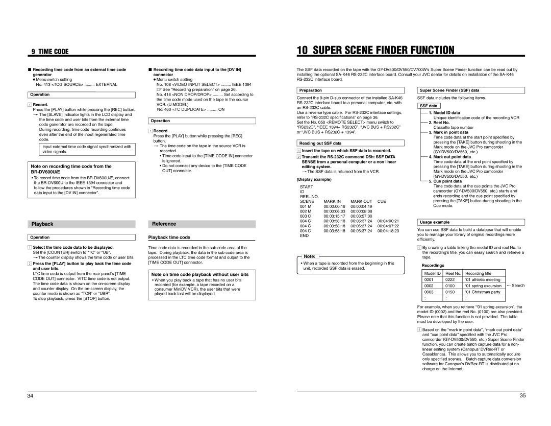 JVC BR-DV600UA, BR-DV600EA manual Super Scene Finder Function, Playback time code 