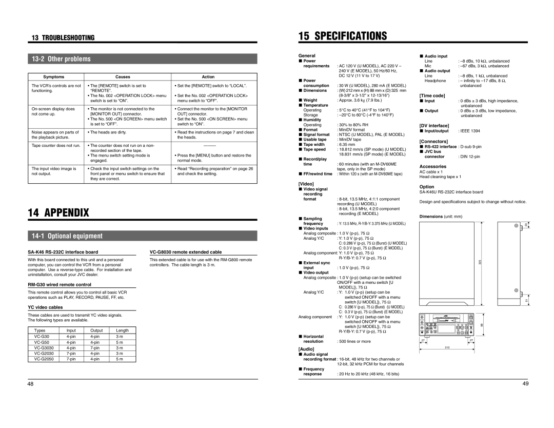 JVC BR-DV600EA, BR-DV600UA manual Specifications, Other problems, Optional equipment 