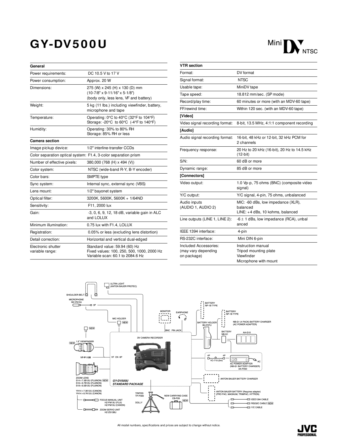 JVC BR-DV600U, GY-DV500U specifications General, Camera section, VTR section, Video, Audio, Connectors 