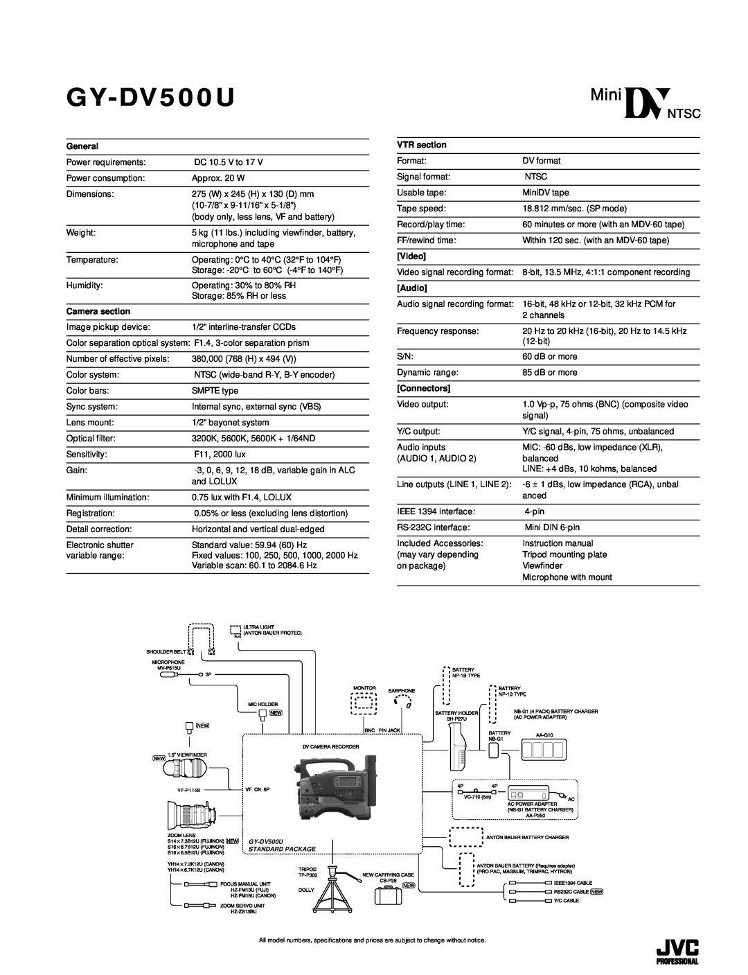 JVC BR-DV600U specifications GY-DV500U, General, Camera section, VTR section, Video, Audio, Connectors 