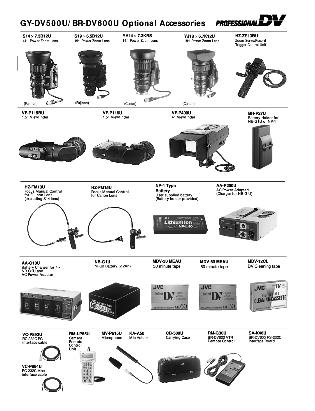 JVC specifications GY-DV500U/BR-DV600U Optional Accessories 