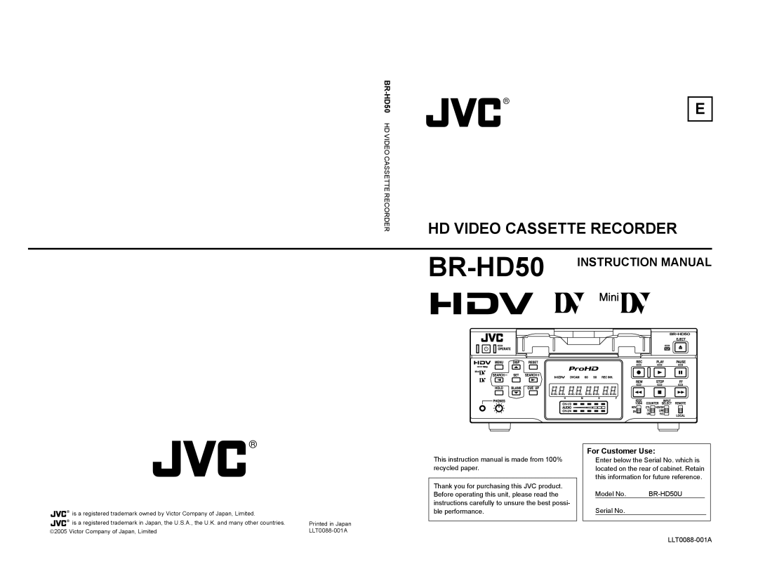 JVC manual For Customer Use, BR-HD50HD Video Cassette Recorder, BR-HD50U, Serial No LLT0088-001A 