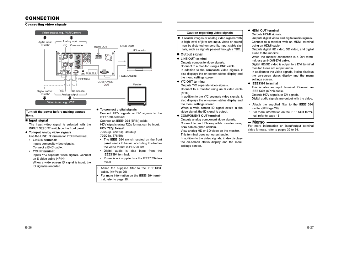 JVC BR-HD50 manual Connection, „ Output signal, „ Input signal 