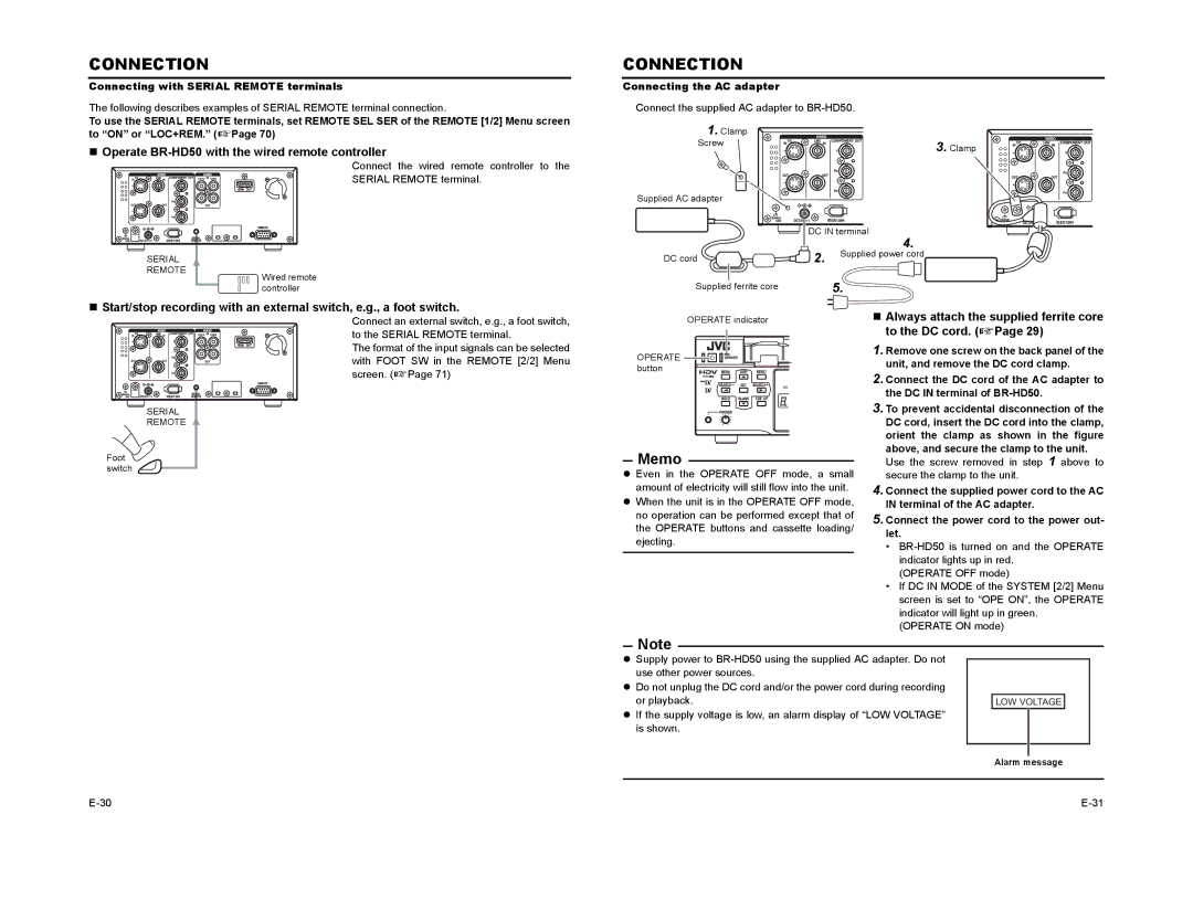 JVC manual „ Operate BR-HD50 with the wired remote controller, To the DC cord. XPage 