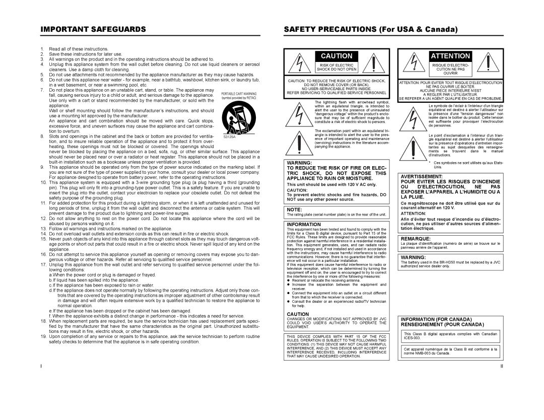 JVC BR-HD50 manual Important Safeguards, Remarque, Information for Canada Renseignement Pour Canada 