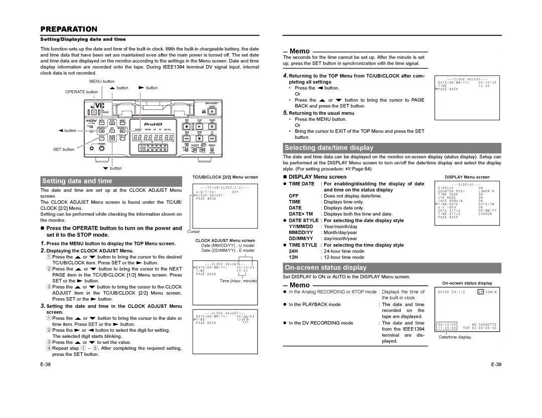 JVC BR-HD50 manual Selecting date/time display, Setting date and time, On-screen status display, „ Display Menu screen 