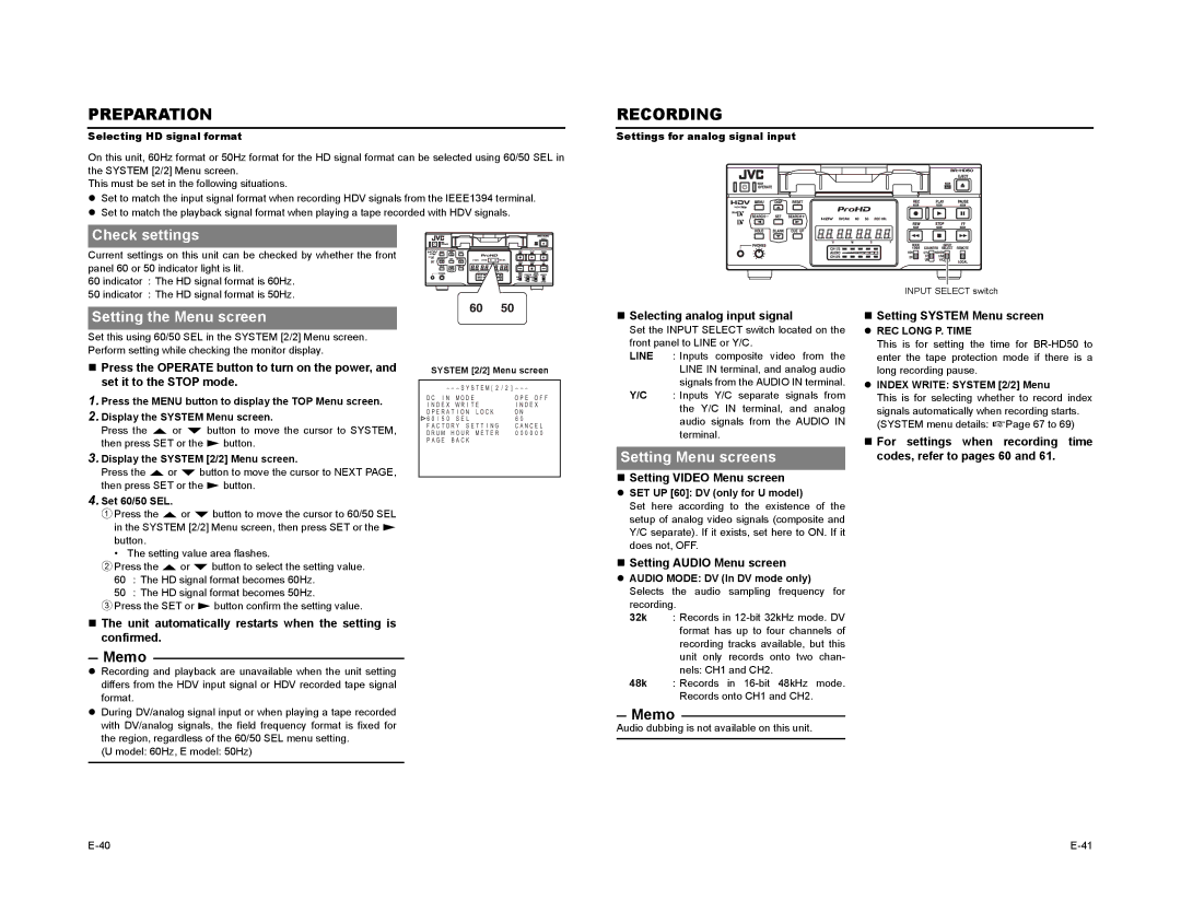 JVC BR-HD50 manual Recording, Check settings, Setting the Menu screen, Setting Menu screens 