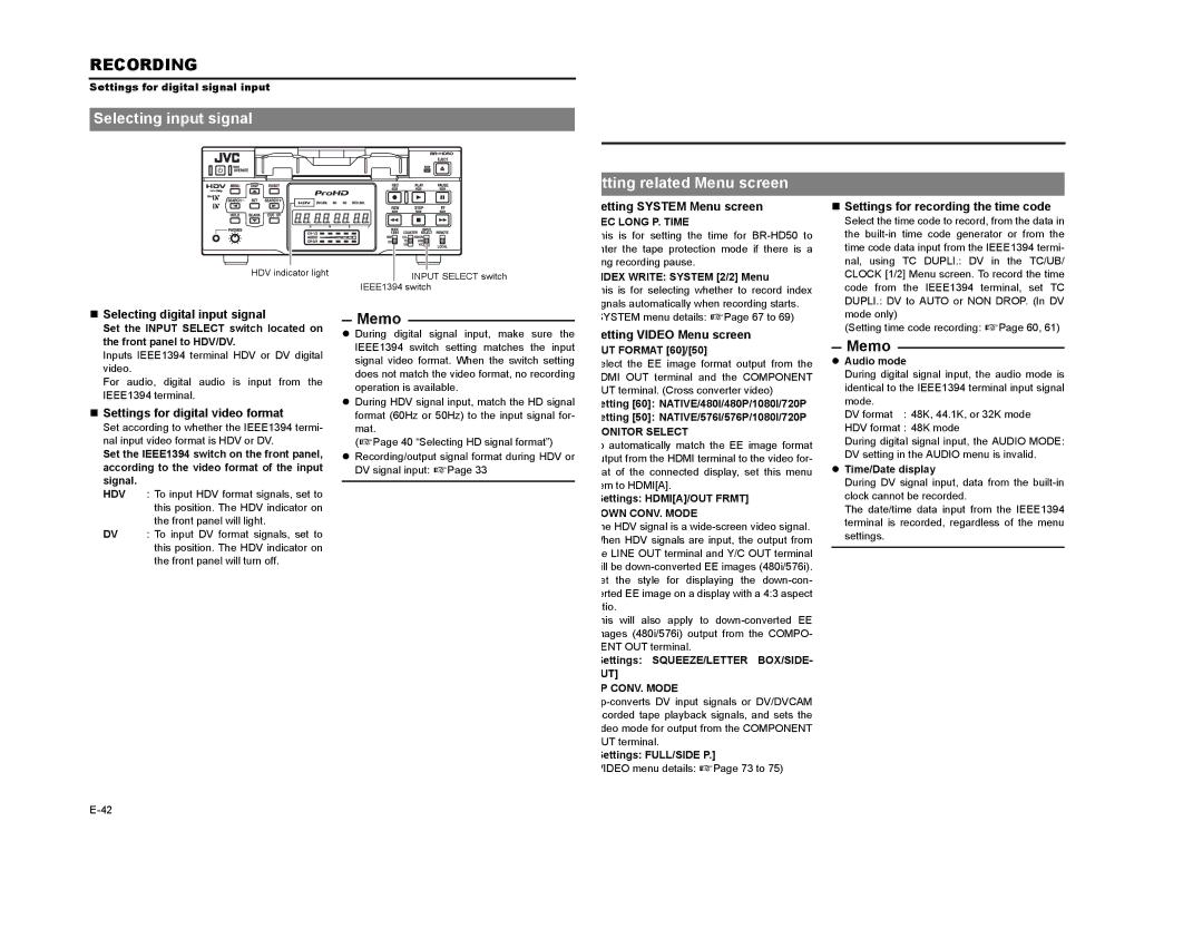 JVC BR-HD50 manual Selecting input signal, Tting related Menu screen 