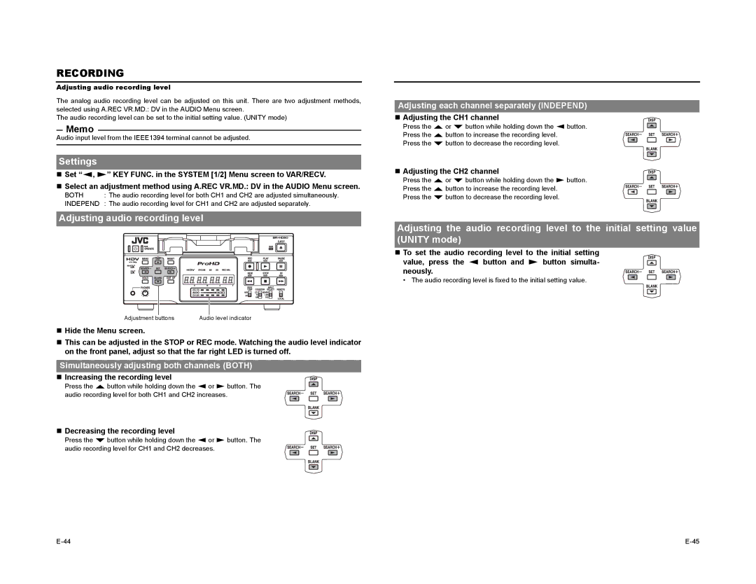 JVC BR-HD50 manual Settings, Adjusting audio recording level 