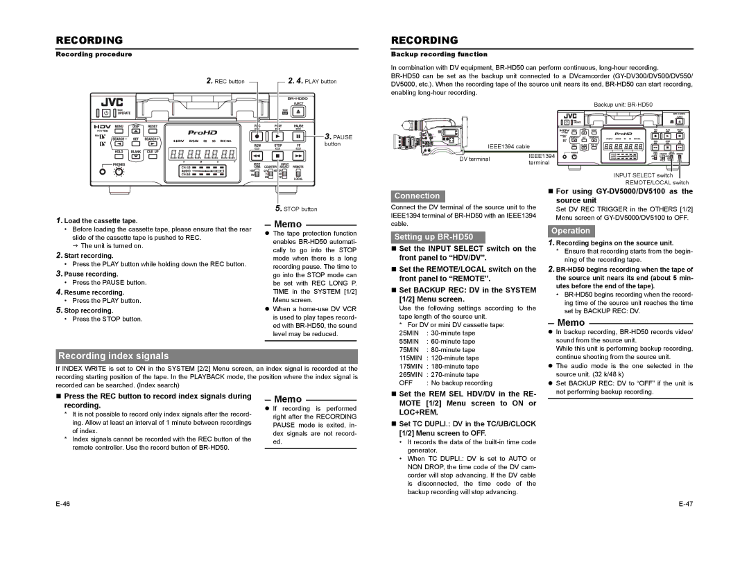 JVC BR-HD50 manual Recording index signals, Source unit 