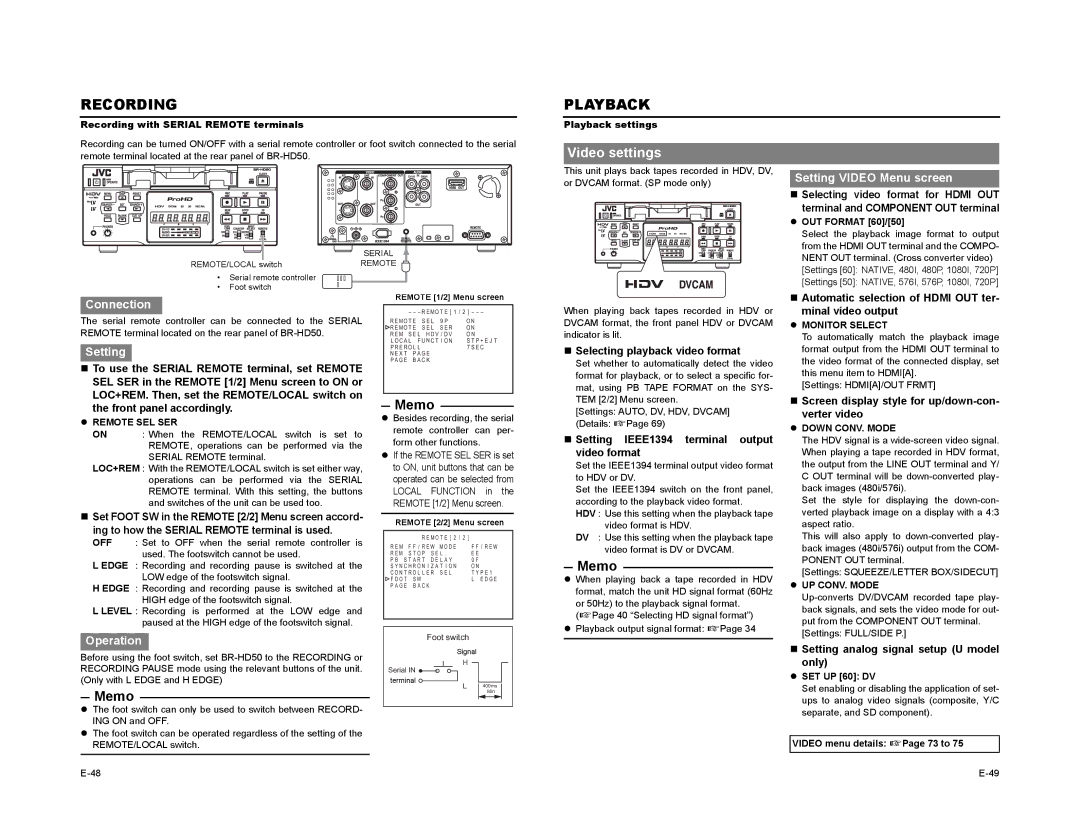 JVC BR-HD50 manual Playback, Video settings 