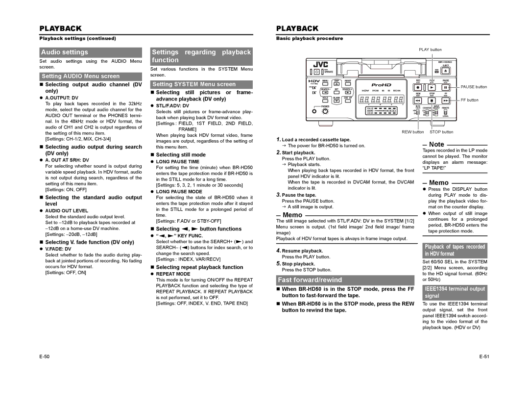 JVC BR-HD50 manual Audio settings, Settings regarding playback function, Fast forward/rewind 