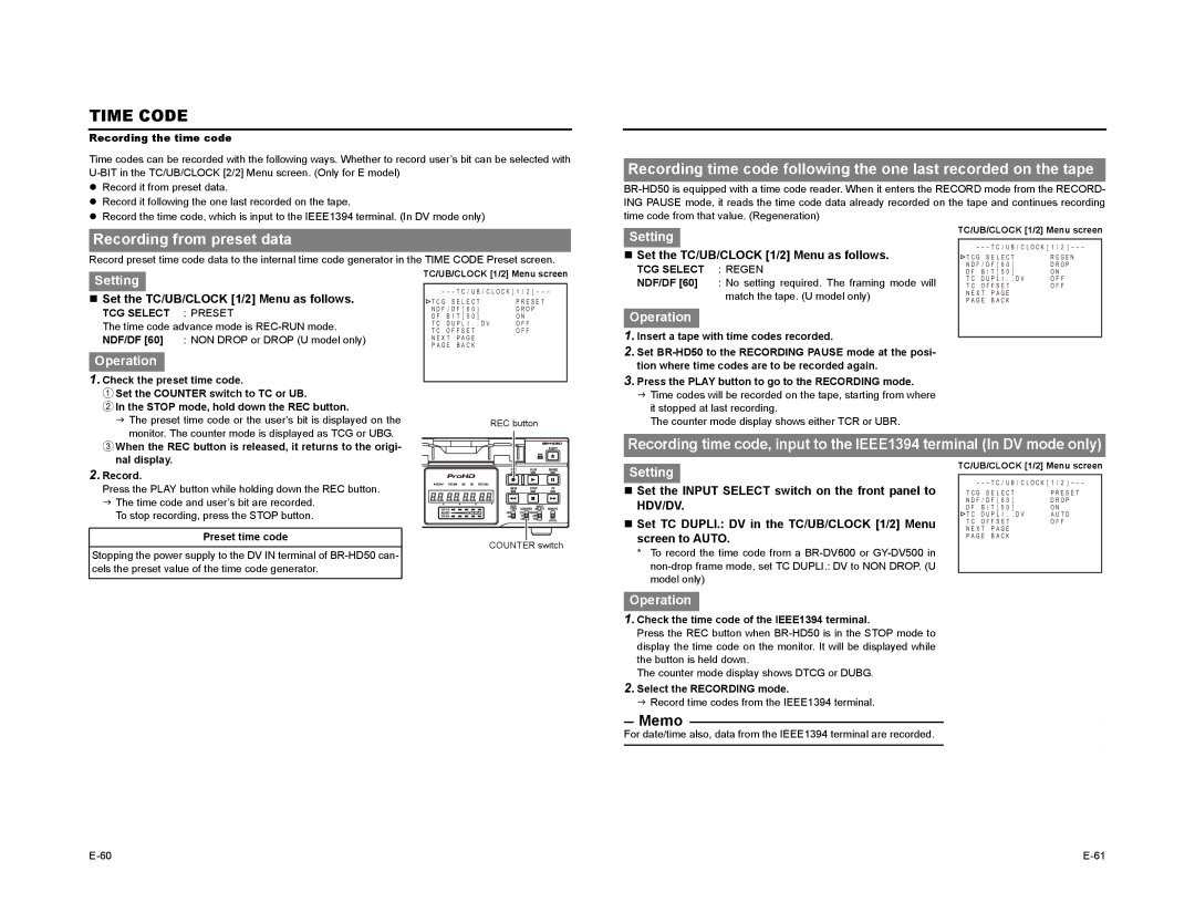 JVC BR-HD50 Recording from preset data, „ Set the TC/UB/CLOCK 1/2 Menu as follows, TCG Select Regen, TCG Select Preset 