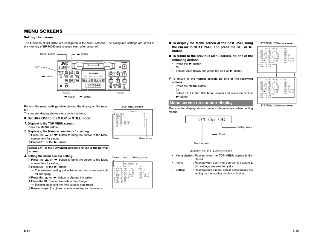 JVC manual Menu Screens, Menu screen on counter display, „ Set BR-HD50 to the Stop or Still mode, Setting the menus 