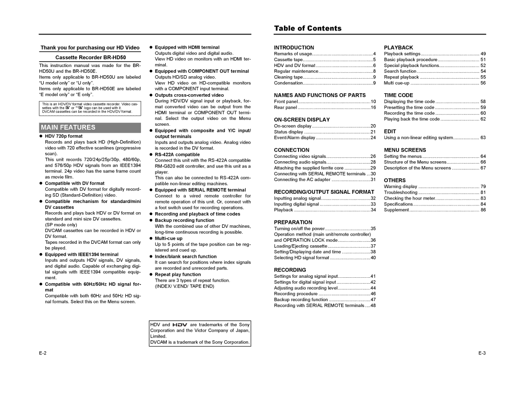 JVC BR-HD50 manual Table of Contents 