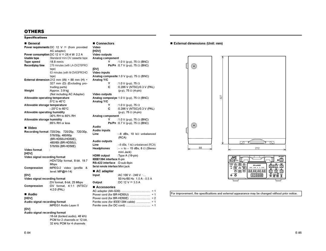 JVC BR-HD50 manual „ General, „ Video, „ Audio, „ Connectors, „ AC adapter, „ Accessories, „ External dimensions Unit mm 