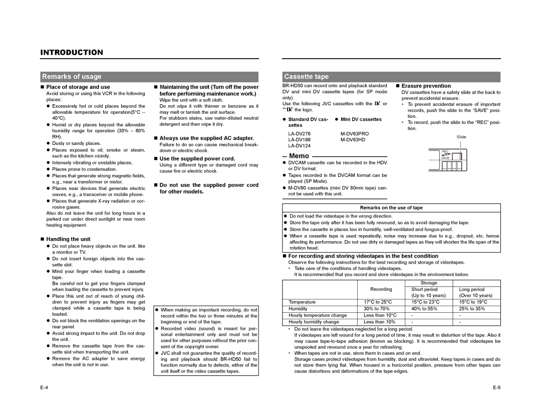 JVC BR-HD50 manual Introduction, Remarks of usage, Cassette tape 