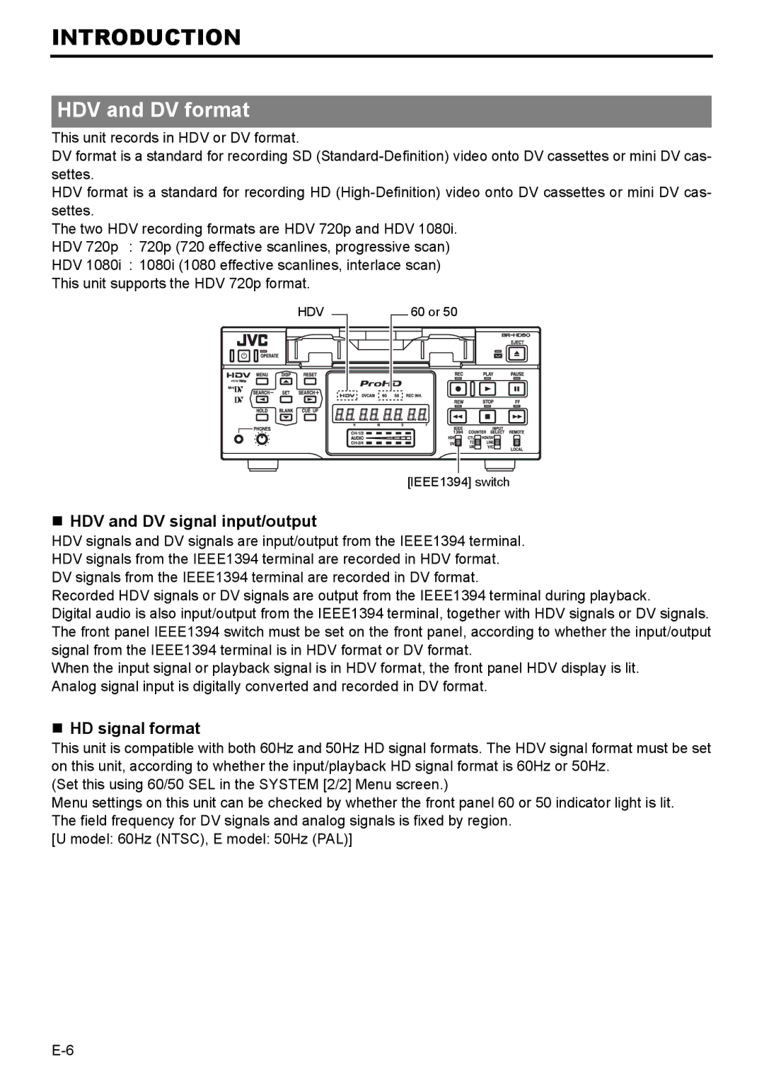 JVC BR-HD50E instruction manual HDV and DV format, „ HDV and DV signal input/output, „ HD signal format 