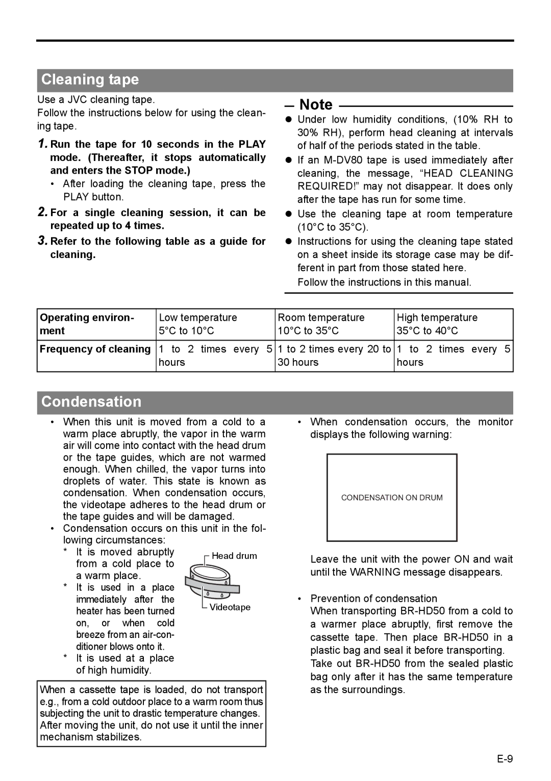 JVC BR-HD50E instruction manual Cleaning tape, Condensation, Operating environ, Ment 