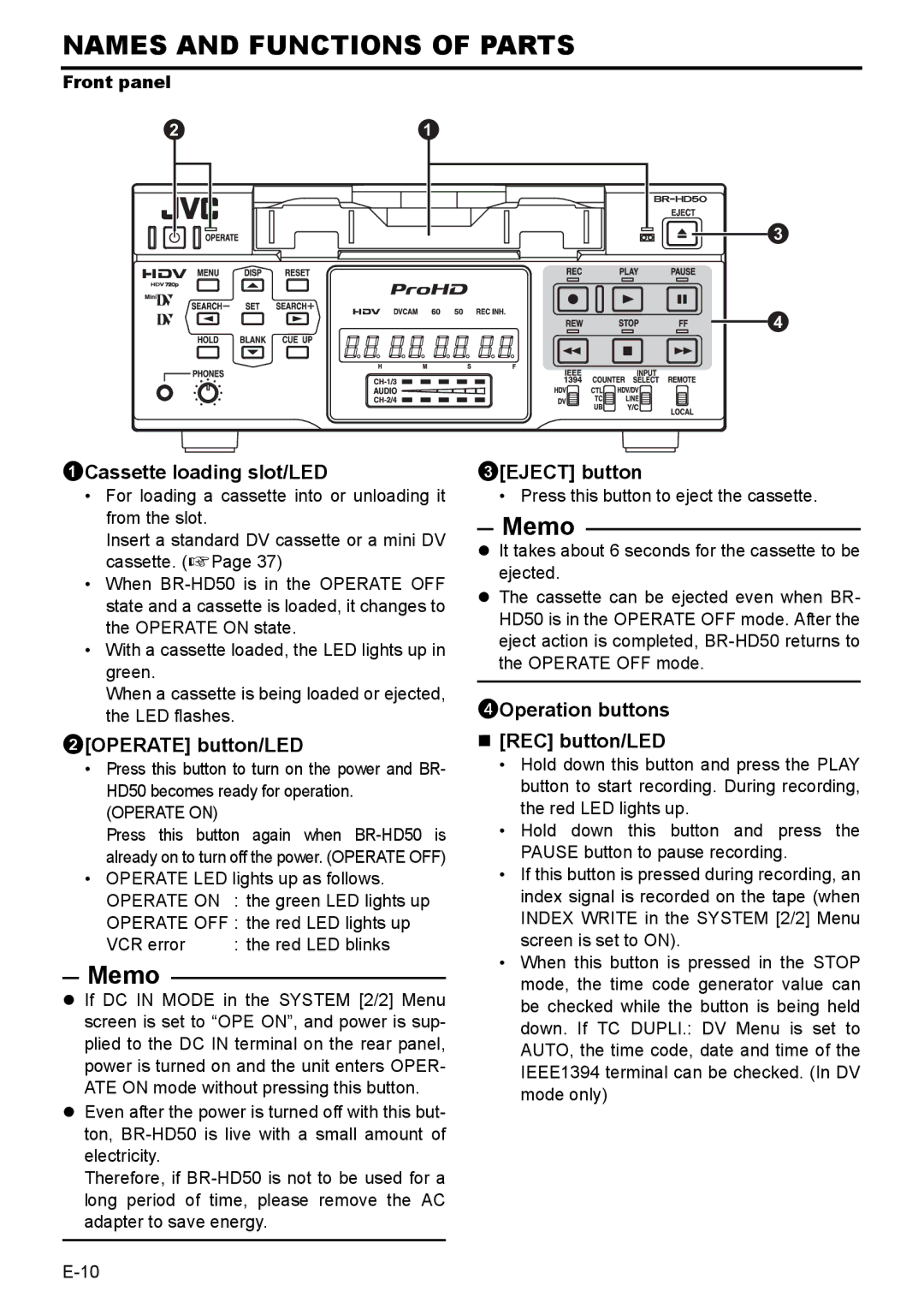 JVC BR-HD50E Names and Functions of Parts, 1Cassette loading slot/LED, 2OPERATE button/LED, 3EJECT button 