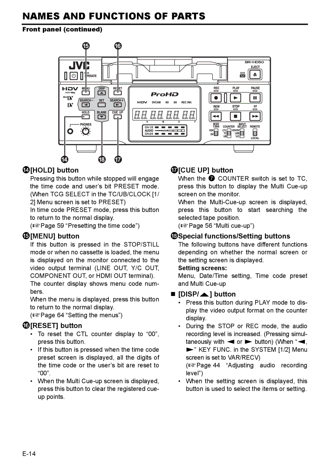 JVC BR-HD50E EMENU button, FRESET button, HSpecial functions/Setting buttons, „ DISP/R button, Setting screens 