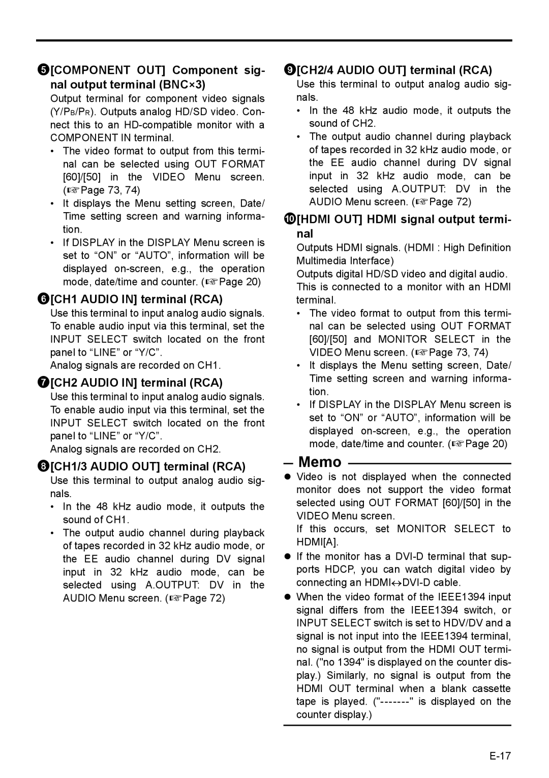 JVC BR-HD50E instruction manual 5COMPONENT OUT Component sig- nal output terminal BNC×3, 6CH1 Audio in terminal RCA 