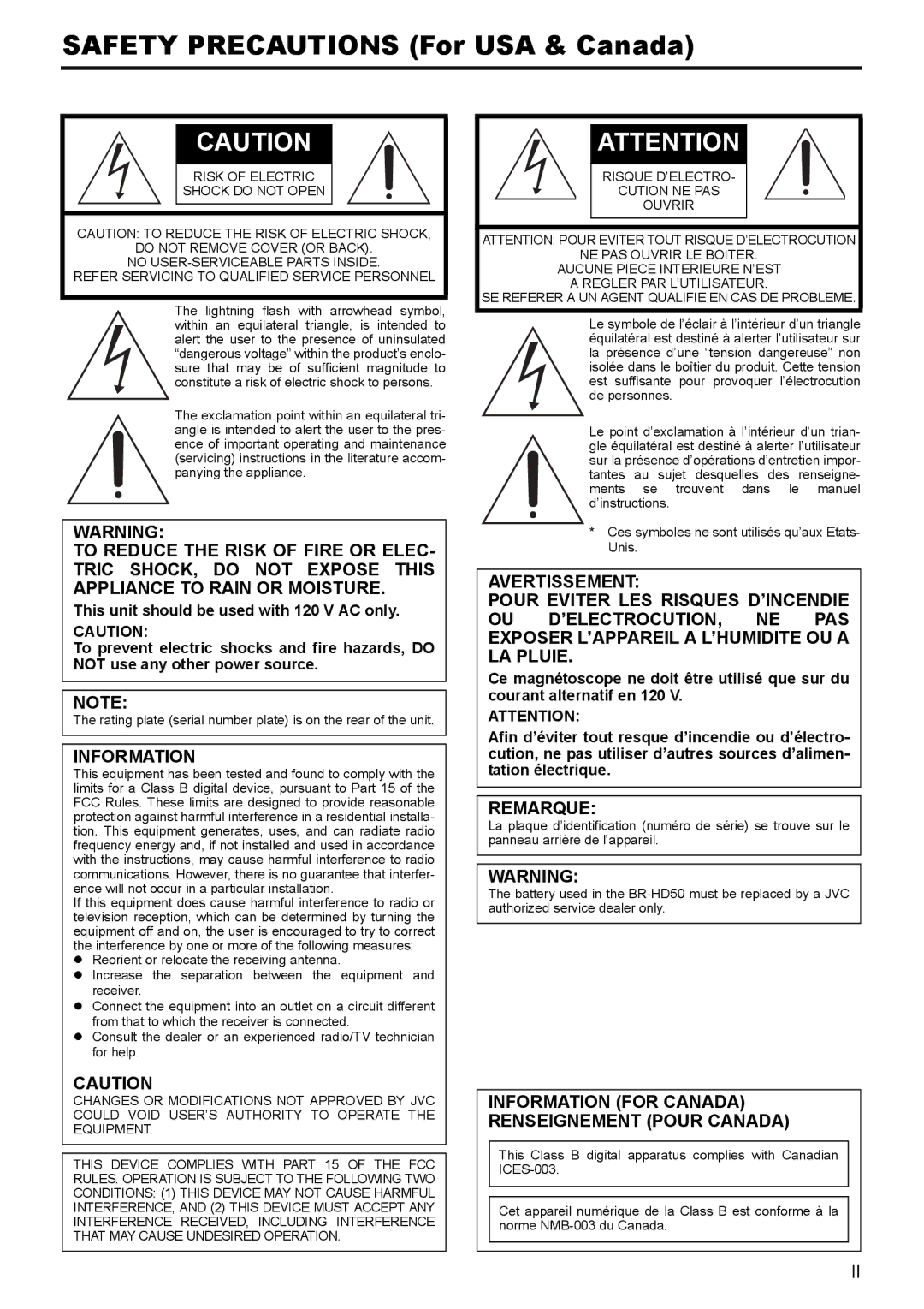 JVC BR-HD50E instruction manual Remarque, Information for Canada Renseignement Pour Canada 