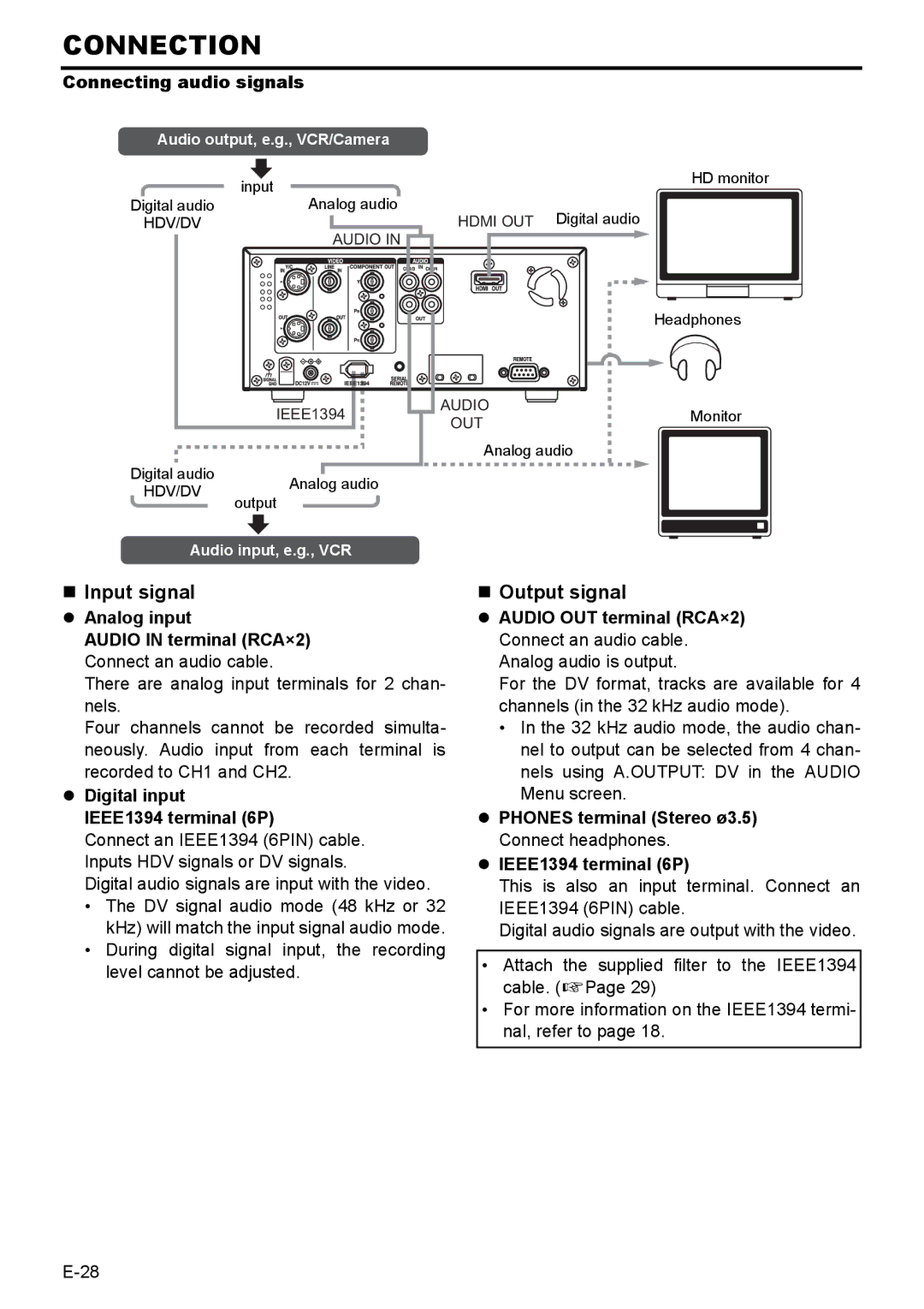 JVC BR-HD50E Connecting audio signals, Audio in terminal RCA×2 Connect an audio cable, Digital input IEEE1394 terminal 6P 