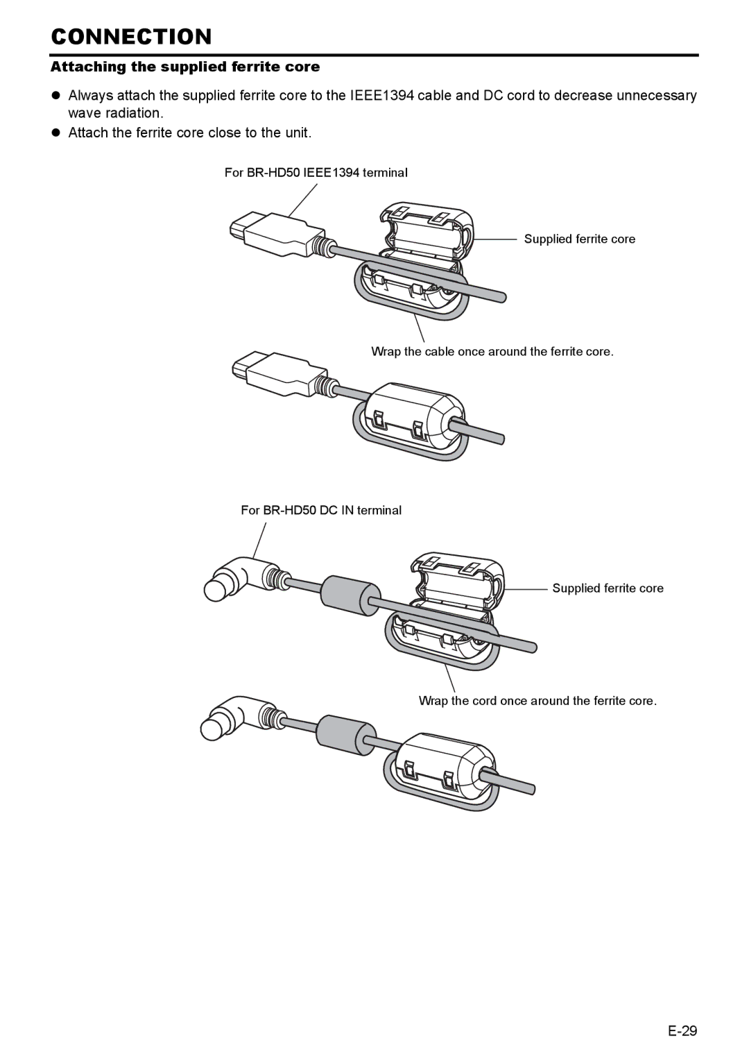 JVC BR-HD50E instruction manual Attaching the supplied ferrite core 