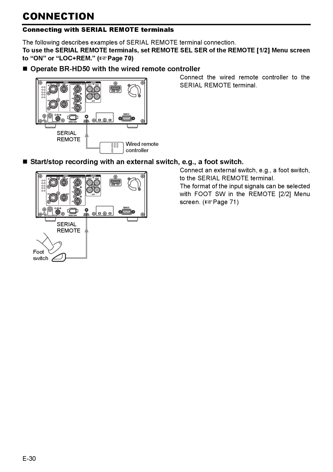 JVC BR-HD50E instruction manual „ Operate BR-HD50 with the wired remote controller, Connecting with Serial Remote terminals 