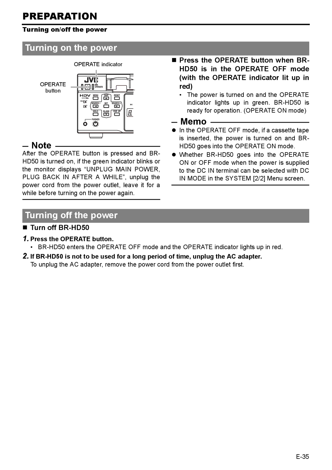 JVC BR-HD50E instruction manual Preparation, Turning on the power, Turning off the power, „ Turn off BR-HD50 