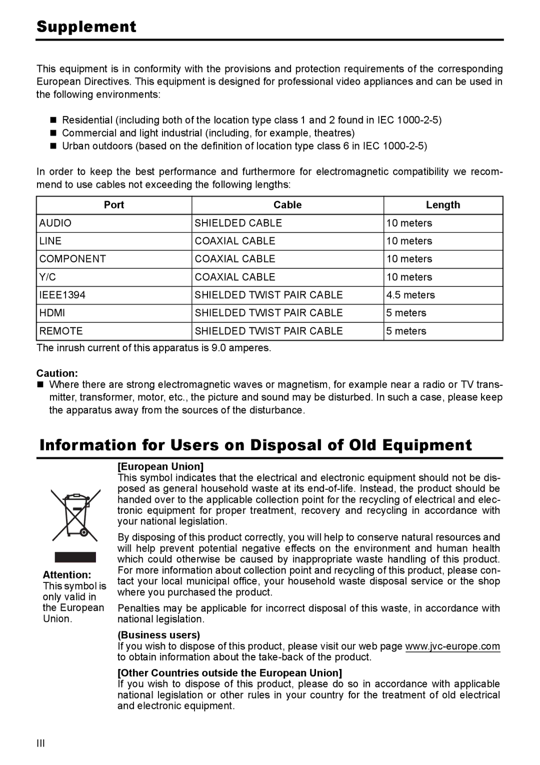 JVC BR-HD50E instruction manual Port Cable Length, Business users Other Countries outside the European Union 