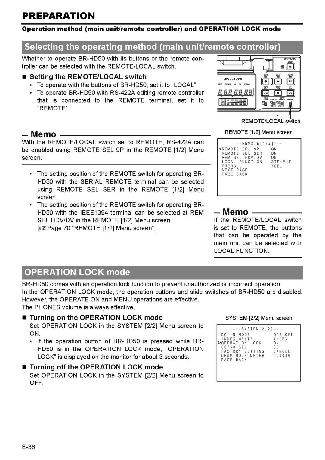 JVC BR-HD50E instruction manual Selecting the operating method main unit/remote controller, Operation Lock mode 