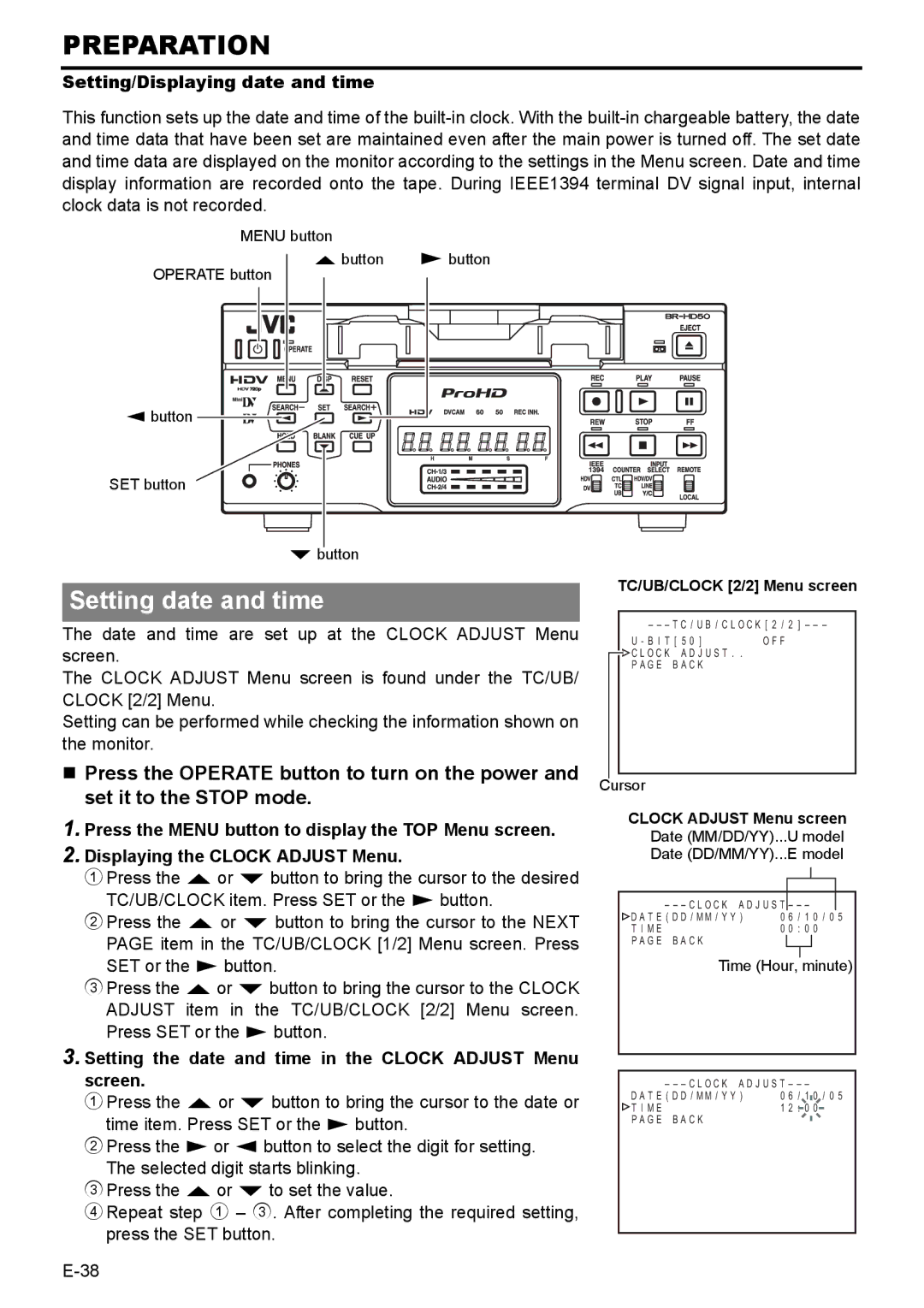 JVC BR-HD50E instruction manual Setting date and time, Setting/Displaying date and time, TC/UB/CLOCK 2/2 Menu screen 