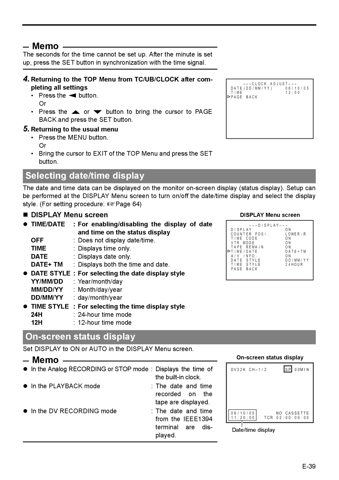 JVC BR-HD50E instruction manual Selecting date/time display, On-screen status display, „ Display Menu screen 