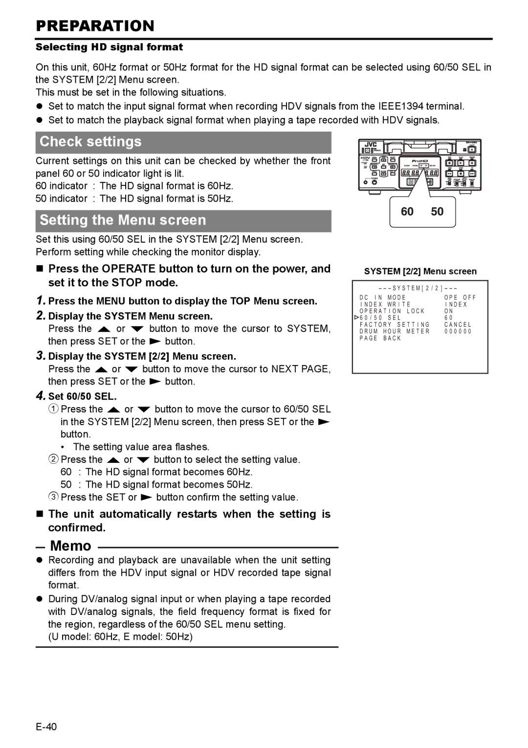 JVC BR-HD50E Check settings, Setting the Menu screen, Selecting HD signal format, Display the System 2/2 Menu screen 