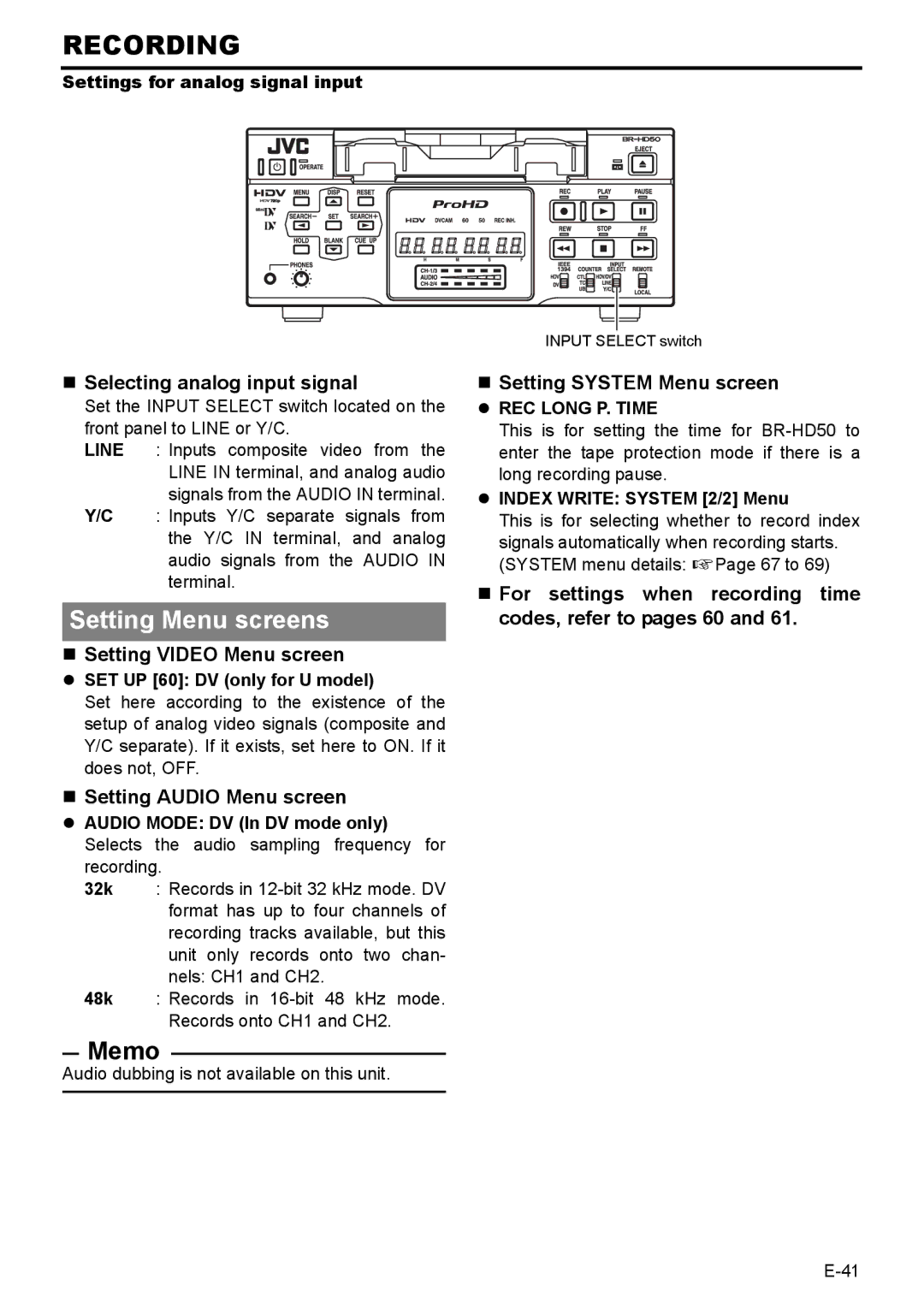 JVC BR-HD50E instruction manual Recording, Setting Menu screens 