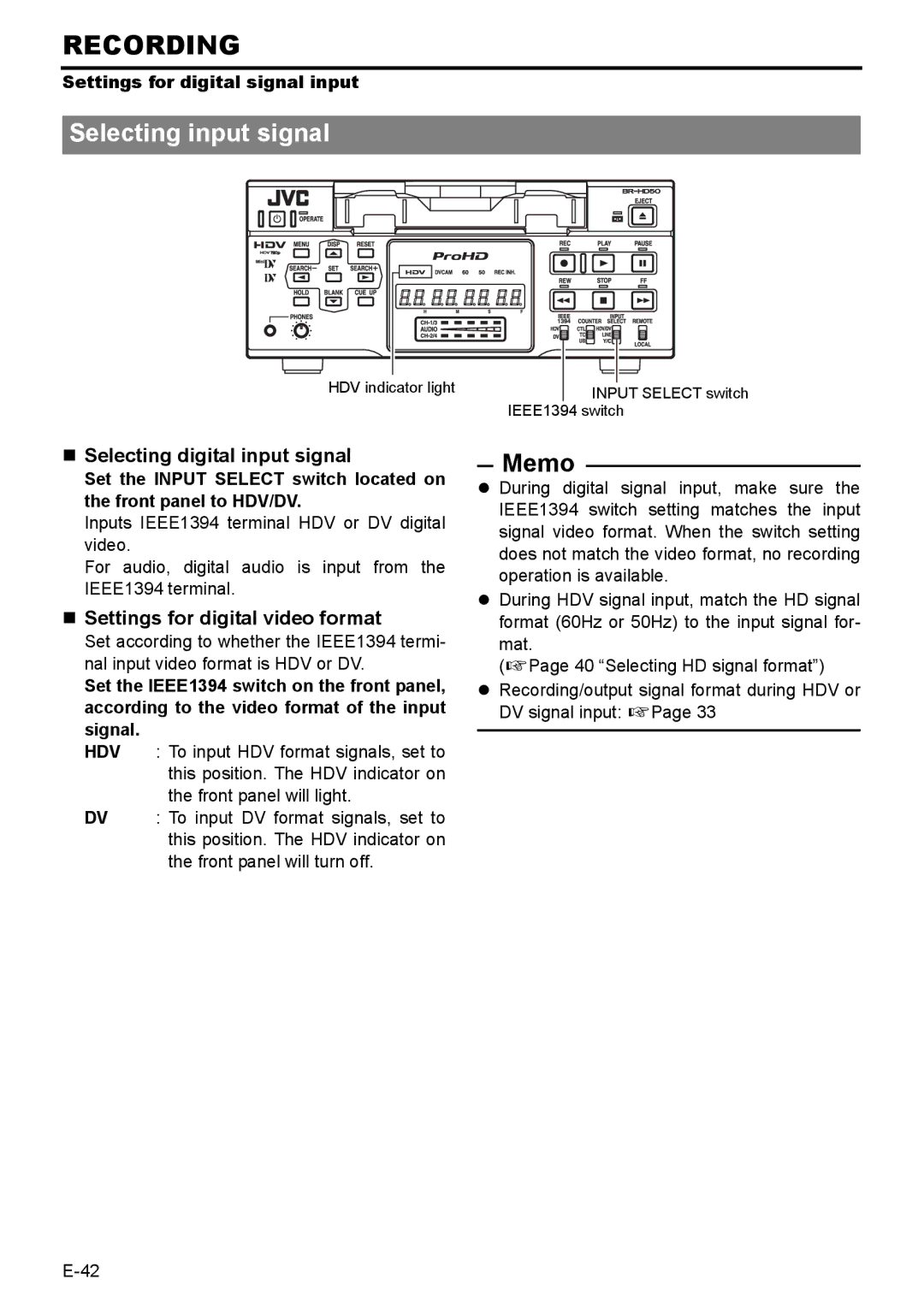 JVC BR-HD50E Selecting input signal, „ Selecting digital input signal, „ Settings for digital video format, Hdv 