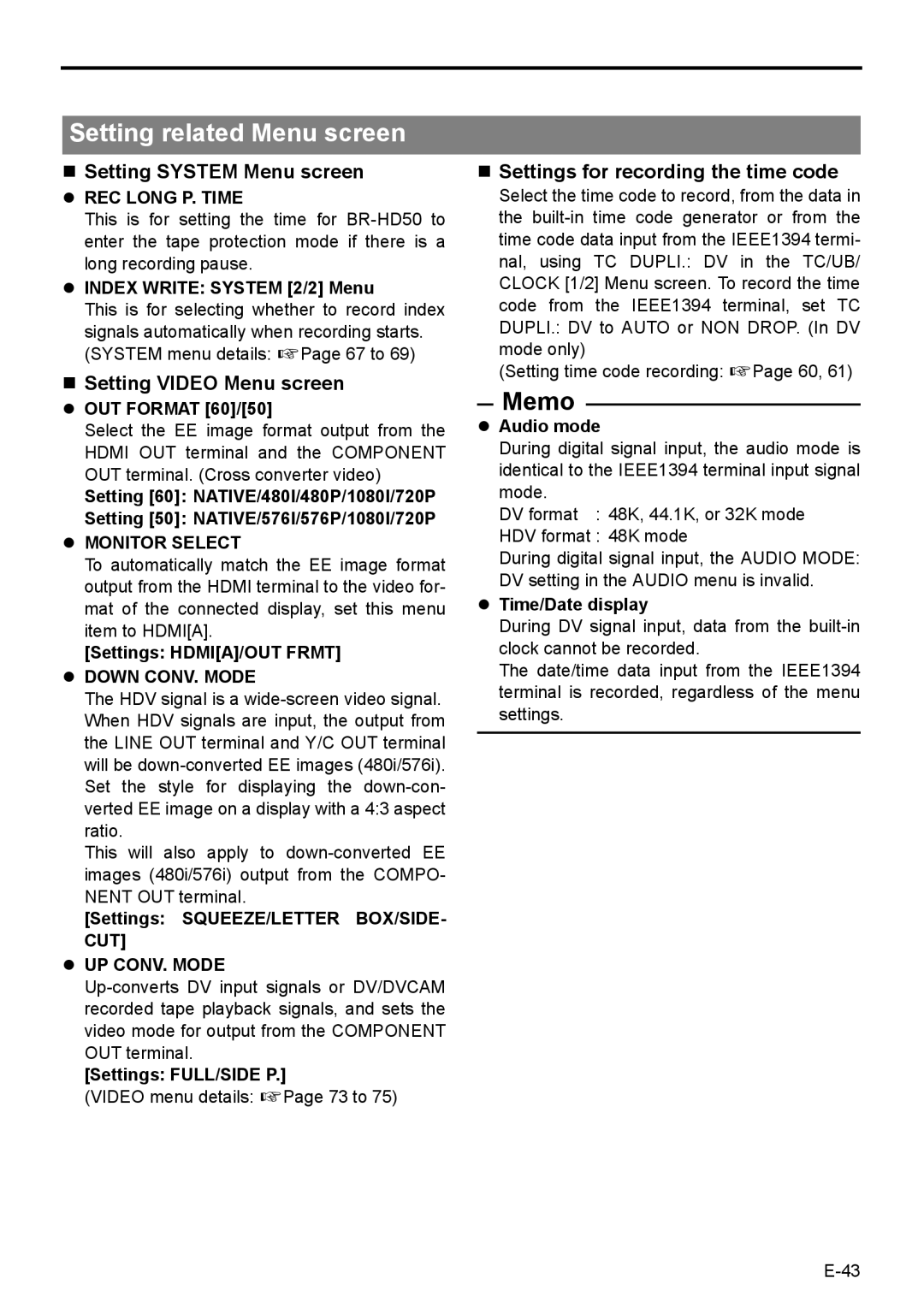 JVC BR-HD50E Setting related Menu screen, „ Setting System Menu screen, „ Settings for recording the time code 