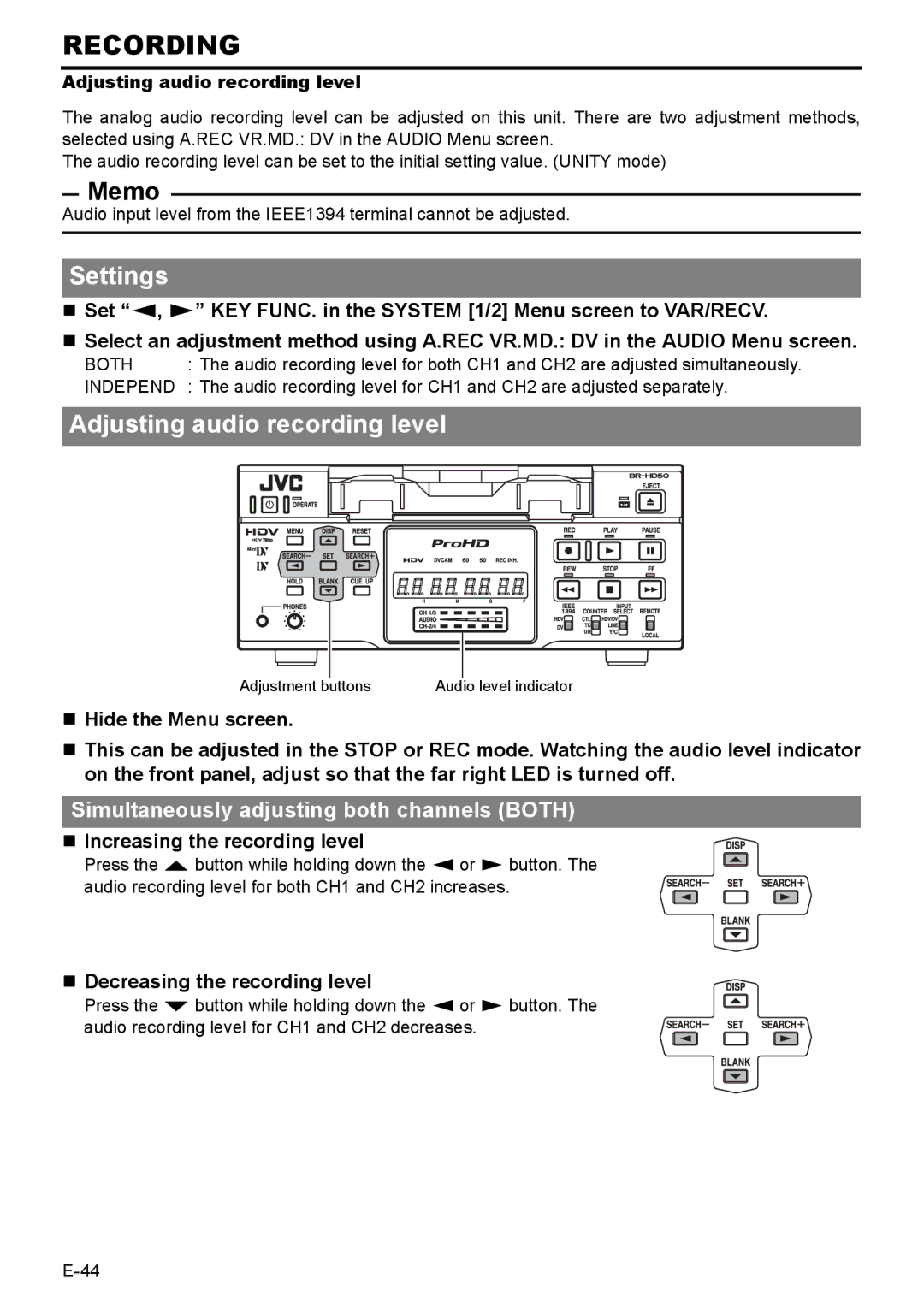 JVC BR-HD50E Settings, Adjusting audio recording level, „ Increasing the recording level, „ Decreasing the recording level 