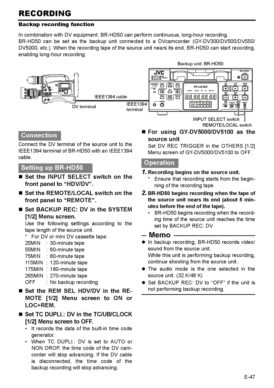 JVC BR-HD50E instruction manual „ For using GY-DV5000/DV5100 as the source unit, Off, No backup recording 