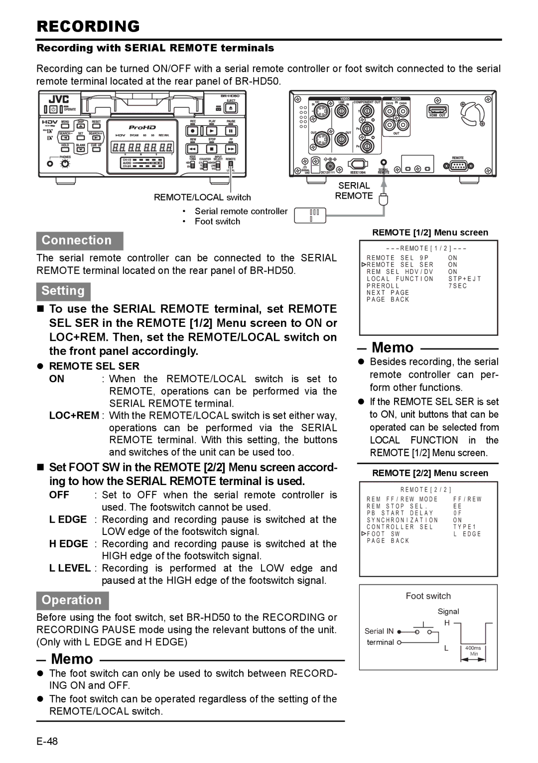JVC BR-HD50E Recording with Serial Remote terminals, Remote SEL SER, Remote 1/2 Menu screen, Remote 2/2 Menu screen 