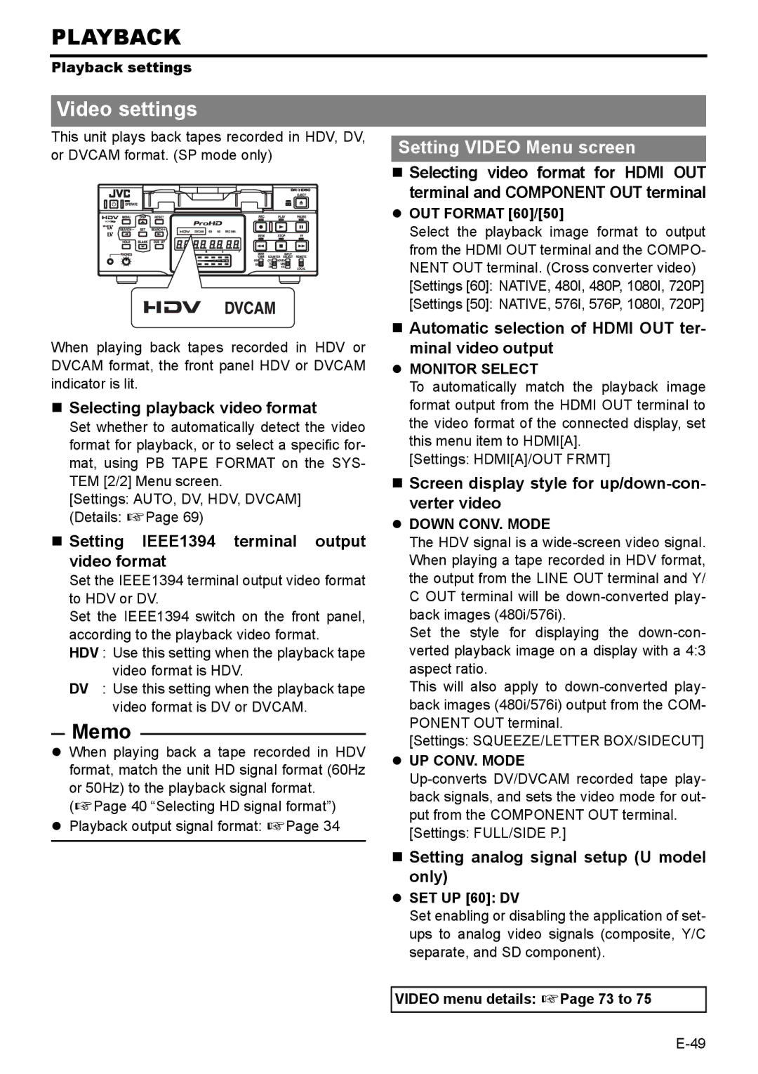 JVC BR-HD50E instruction manual Playback, Video settings 