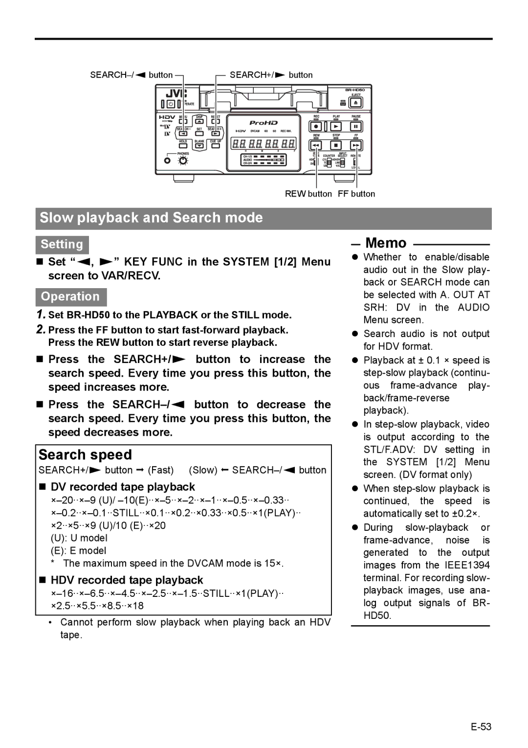 JVC BR-HD50E instruction manual Slow playback and Search mode, „ DV recorded tape playback, „ HDV recorded tape playback 