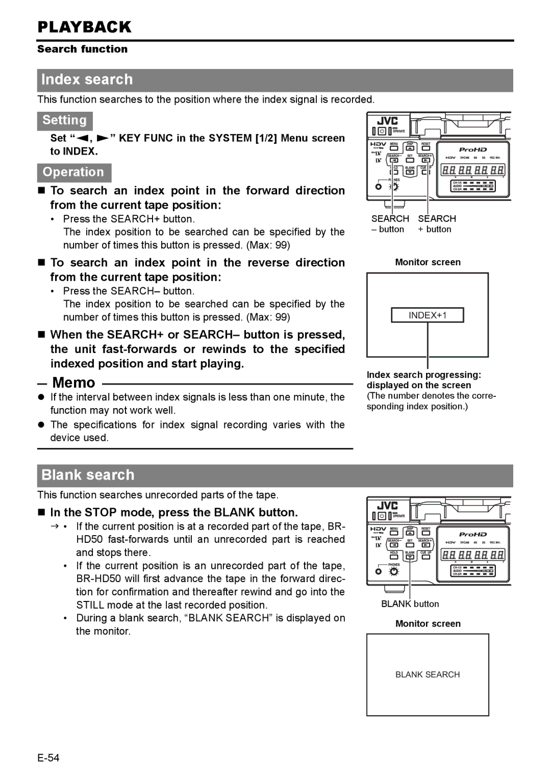 JVC BR-HD50E instruction manual Index search, Blank search, „ In the Stop mode, press the Blank button, Search function 